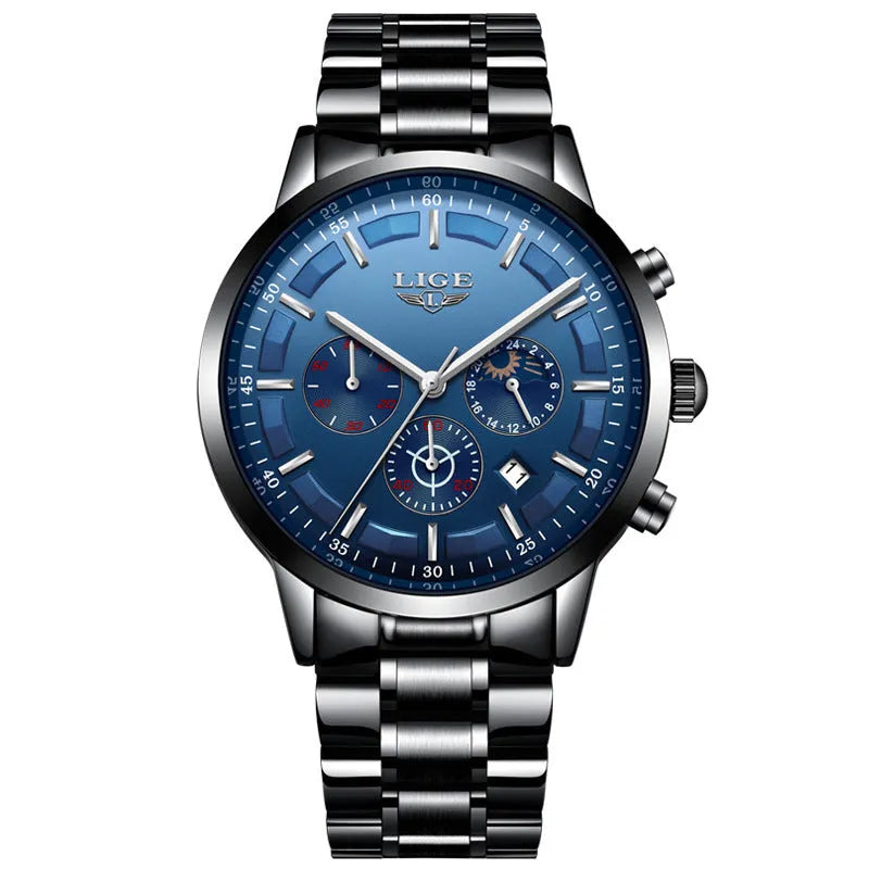 Men's waterproof quartz business sports watch in black and rose red gold with 12mm thickness