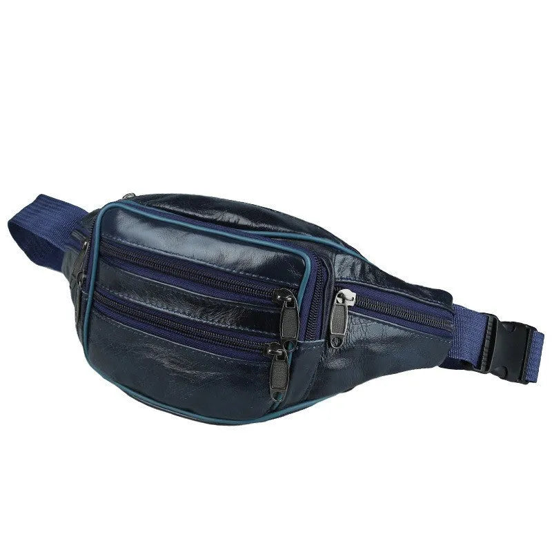 Genuine leather men's outdoor waist bag in black, 22x12x6cm, waterproof solid colour design