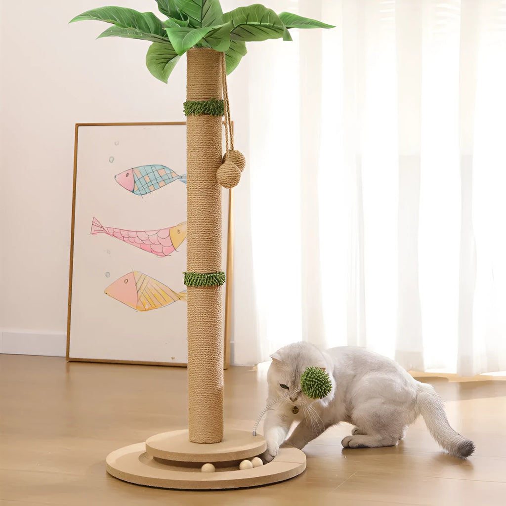 Vertical cat scratching post with hemp rope wound around a canna-coloured column on a solid base.