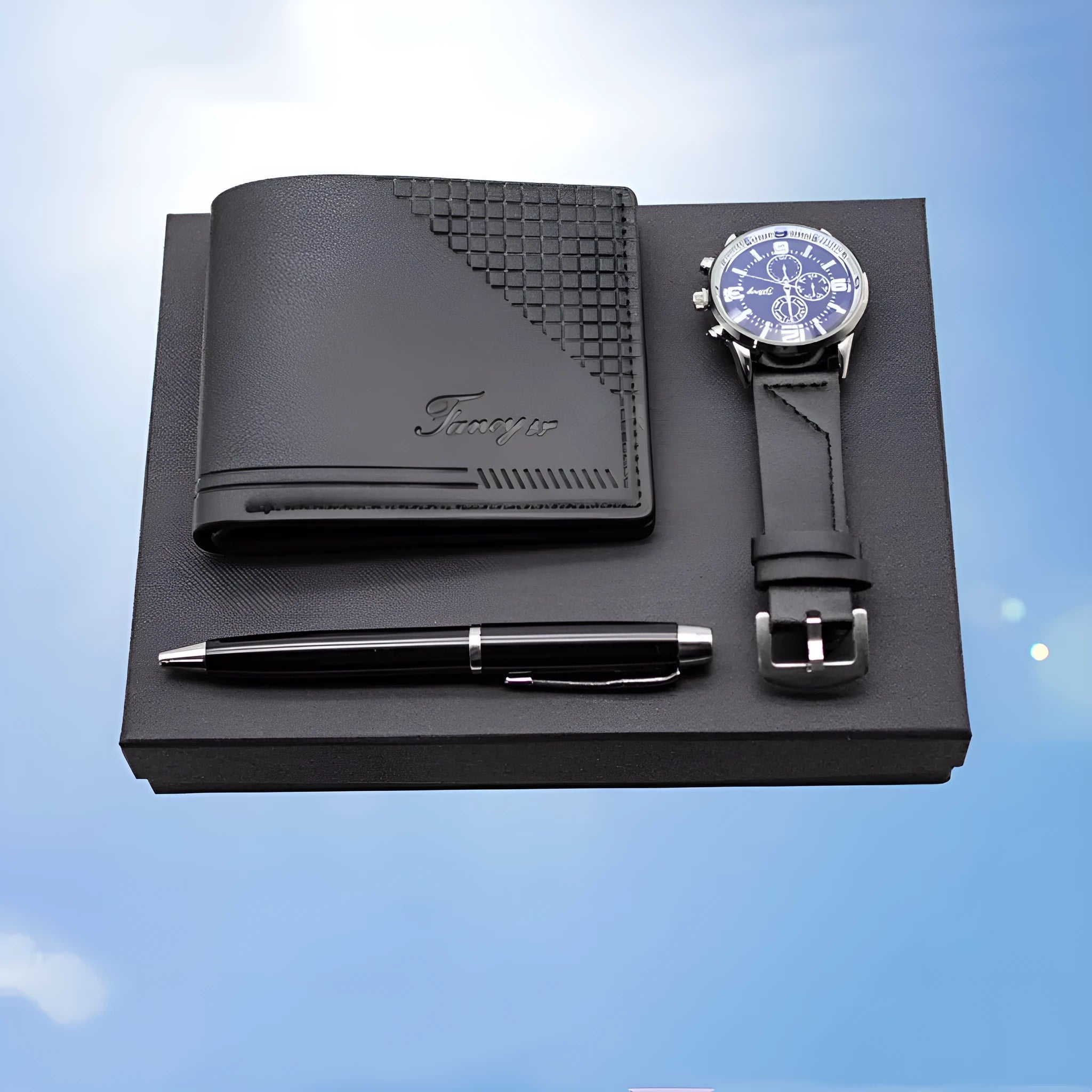 Creative holiday gift set showing wallet, pen and watch in modern simple gift box