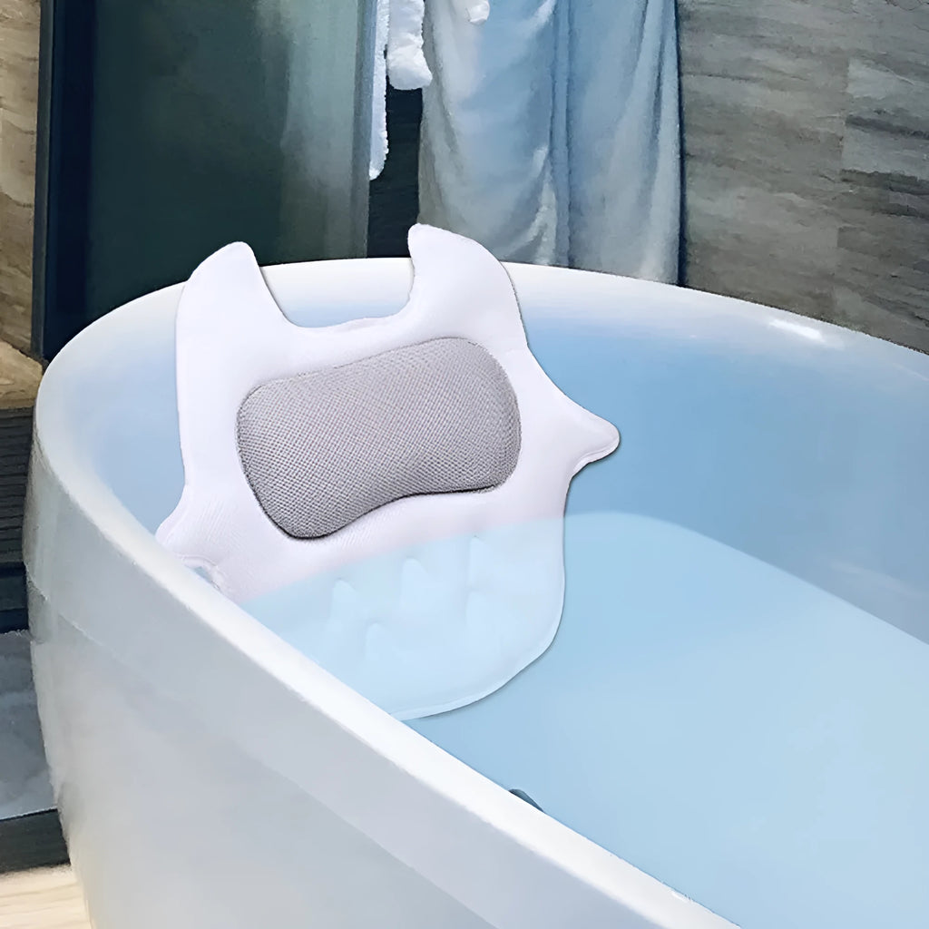 White ergonomic bathtub pillow with 5D mesh fabric and 55mm suction cups, 45cm square