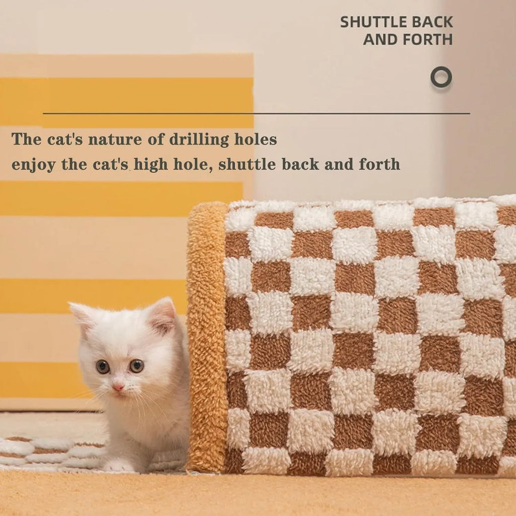 Brown plush plaid cat tunnel bed with central mat for indoor cats