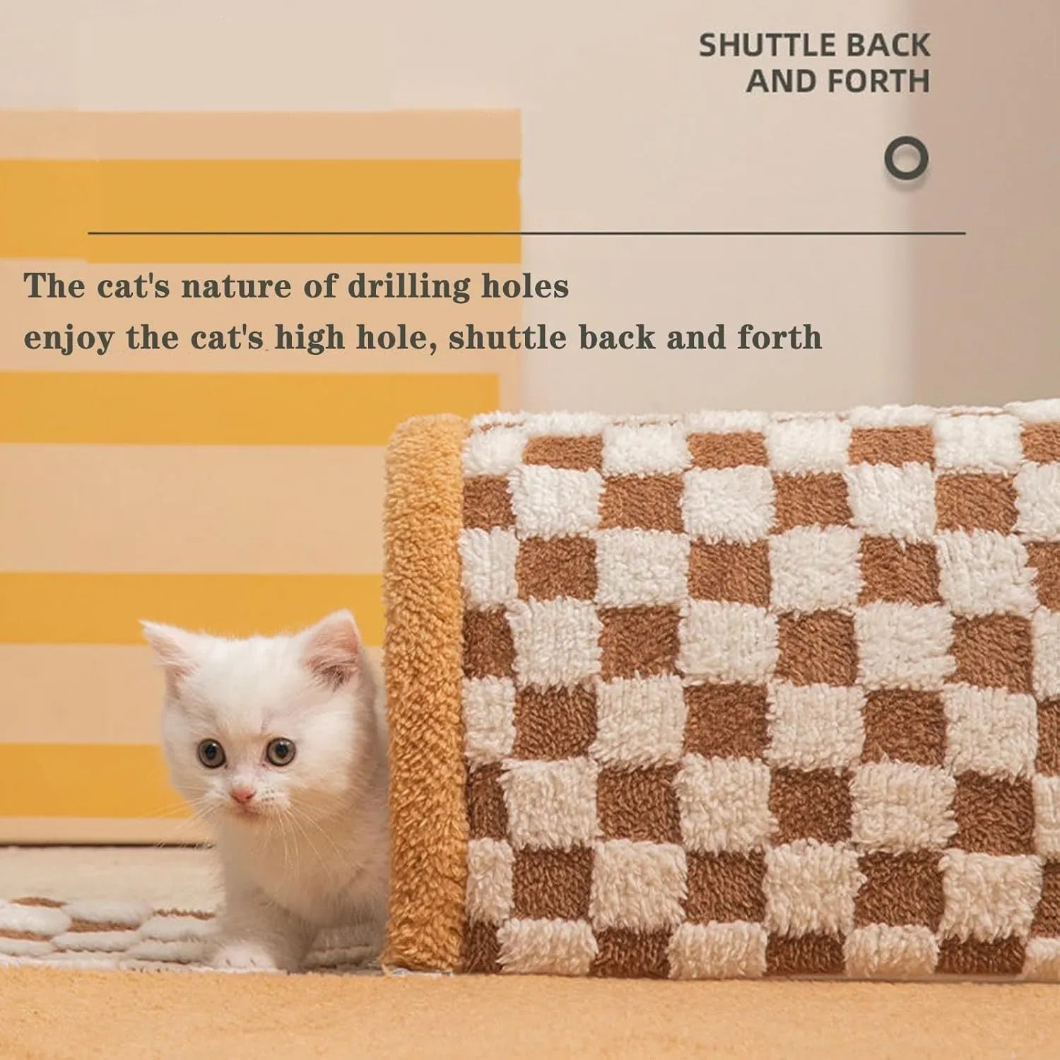 Brown plush plaid cat tunnel bed with central mat for indoor cats