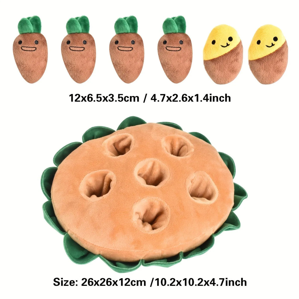 Yellow interactive dog puzzle mat with foraging pockets and removable squeaky plush toys
