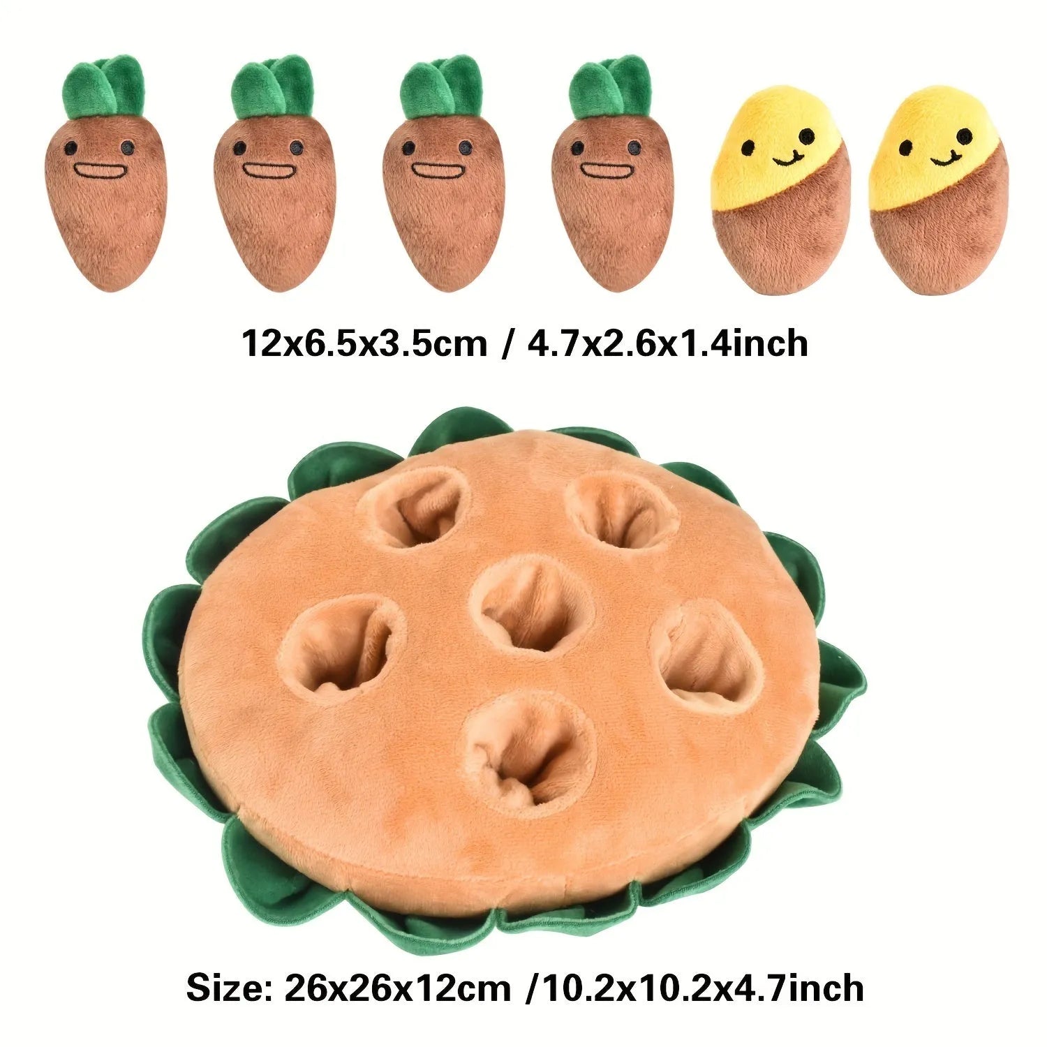 Yellow interactive dog puzzle mat with foraging pockets and removable squeaky plush toys