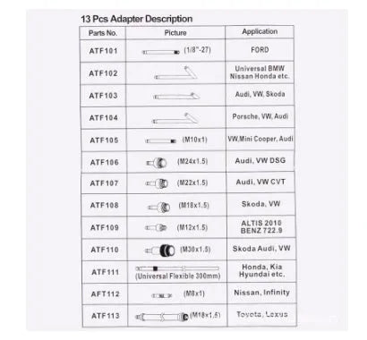 13-piece automatic transmission oil refuelling kit with wave box filler tool and connectors