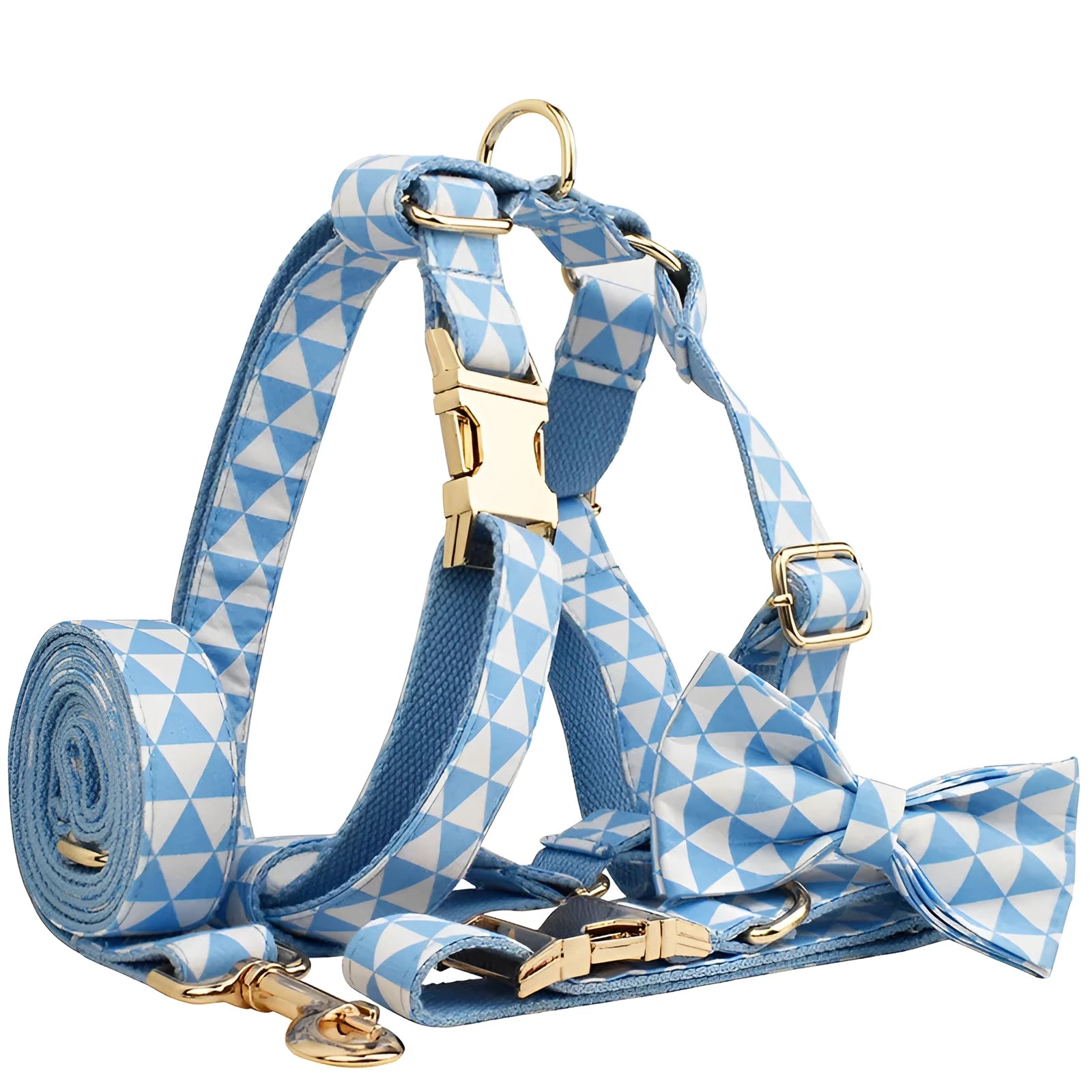 Blue triangular ring rope cloth dog collar, leash, bow, and vest set in multiple sizes XS to XL