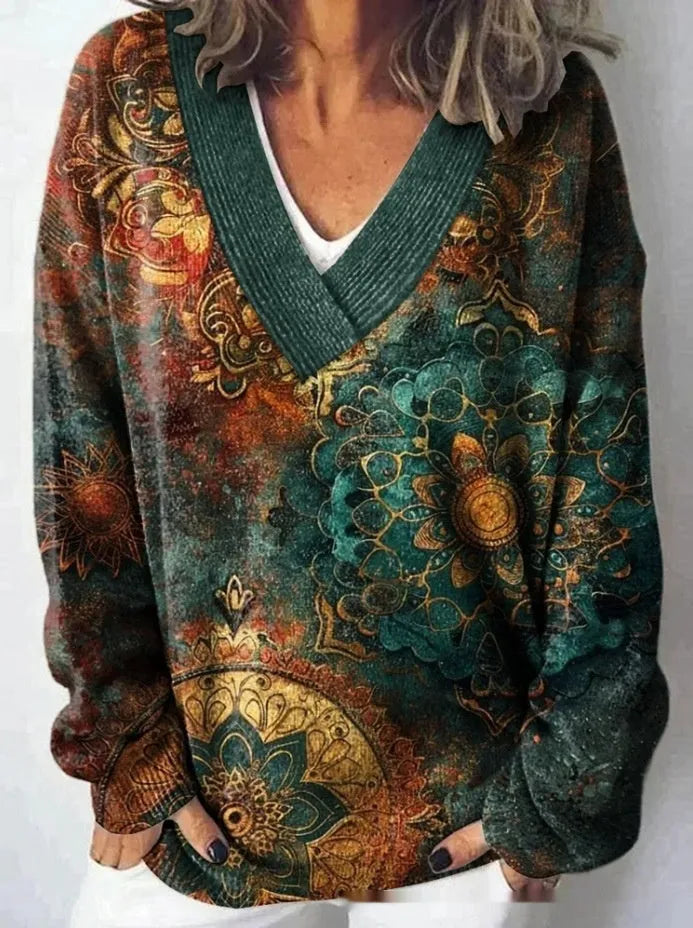 Women's floral pattern printed V-neck sweatshirt with 3D effect and long sleeves