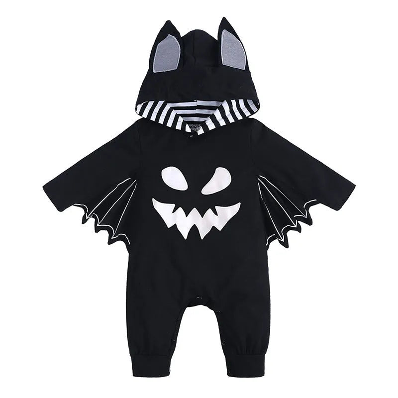 Baby Halloween batwing sleeve cotton jumpsuit with fixed hood, long sleeves, neutral colour, suitable height 60-100cm