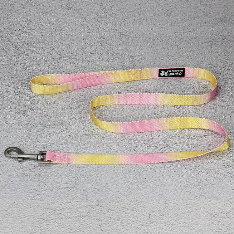 Gradient colour nylon dog leash set showing pink and yellow colour blend on a chest back harness style.