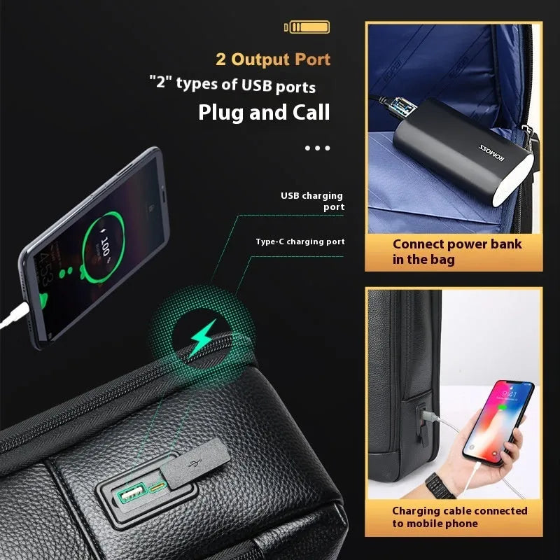 Black leather business backpack with USB charging port and curved shoulder straps