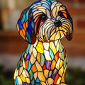Colourful resin dog lamp decoration in pug shape, button battery powered, on a shelf