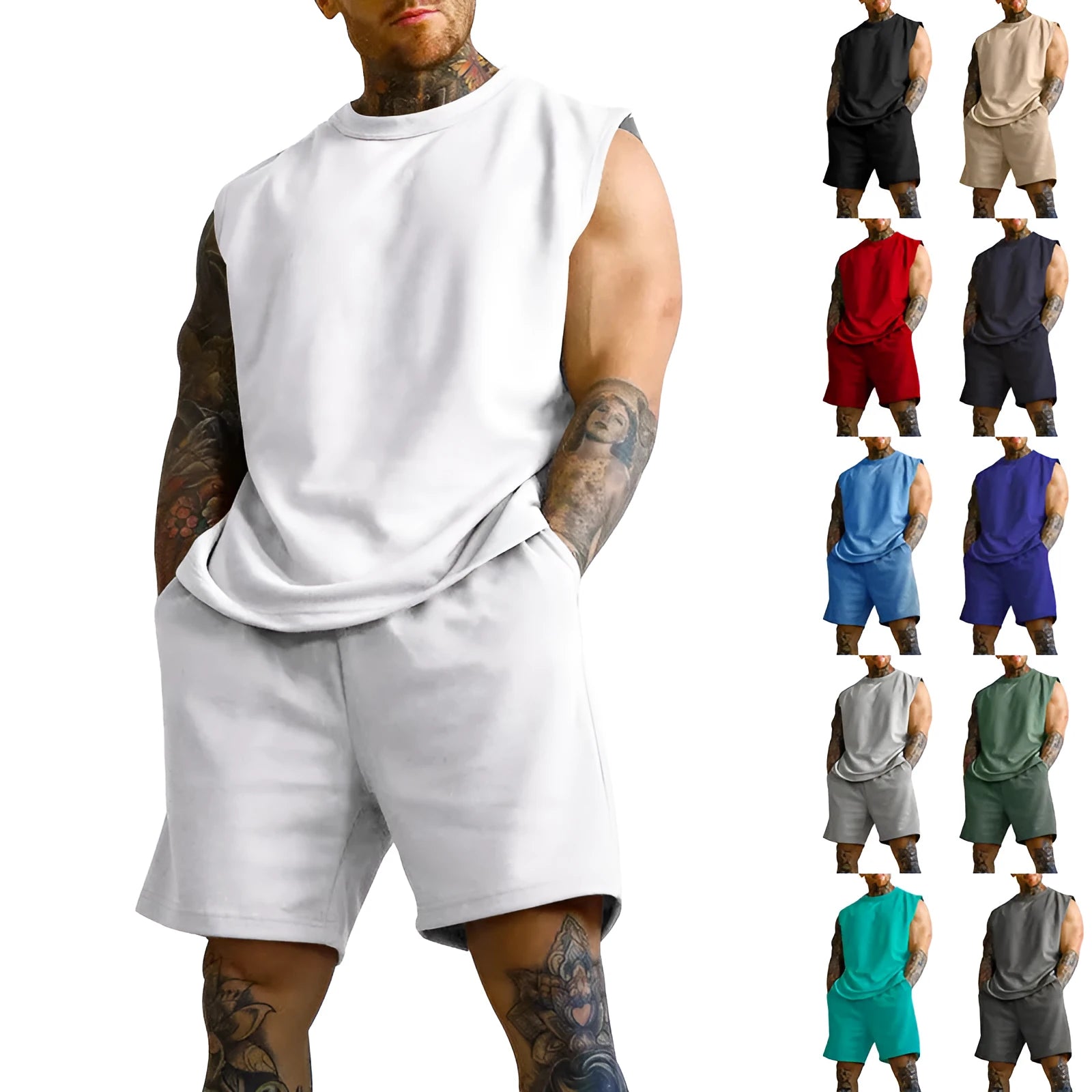 Men's sleeveless top and shorts cotton blend sports suit set in multiple solid colours