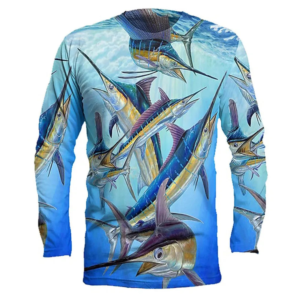 Men's grey pullover with a colourful fish pattern print on the front, showing round neck and long sleeves.