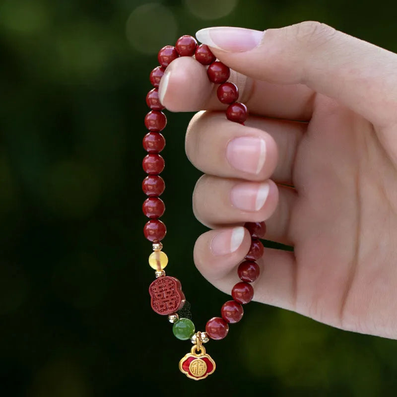 Cinnabar emperor sandstone bracelet with fu character symbol in new Chinese style design
