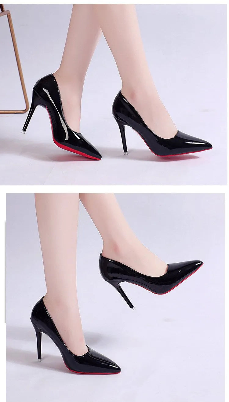 Women's solid colour pointed toe stiletto heel pumps with shallow mouth design and rubber sole