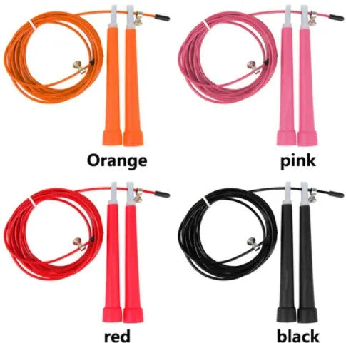 High speed steel wire fitness rope with 3m length, PVC coating, and PP handles on a smooth indoor floor