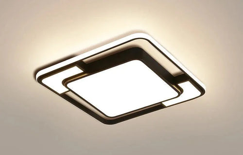 White square iron LED ceiling lamp measuring 42x42cm with integrated three-colour light source