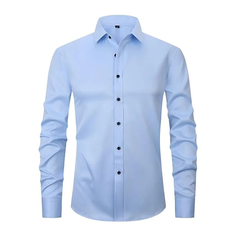 Man wearing a solid colour long sleeve polyester work shirt, showcasing the professional fit and style.