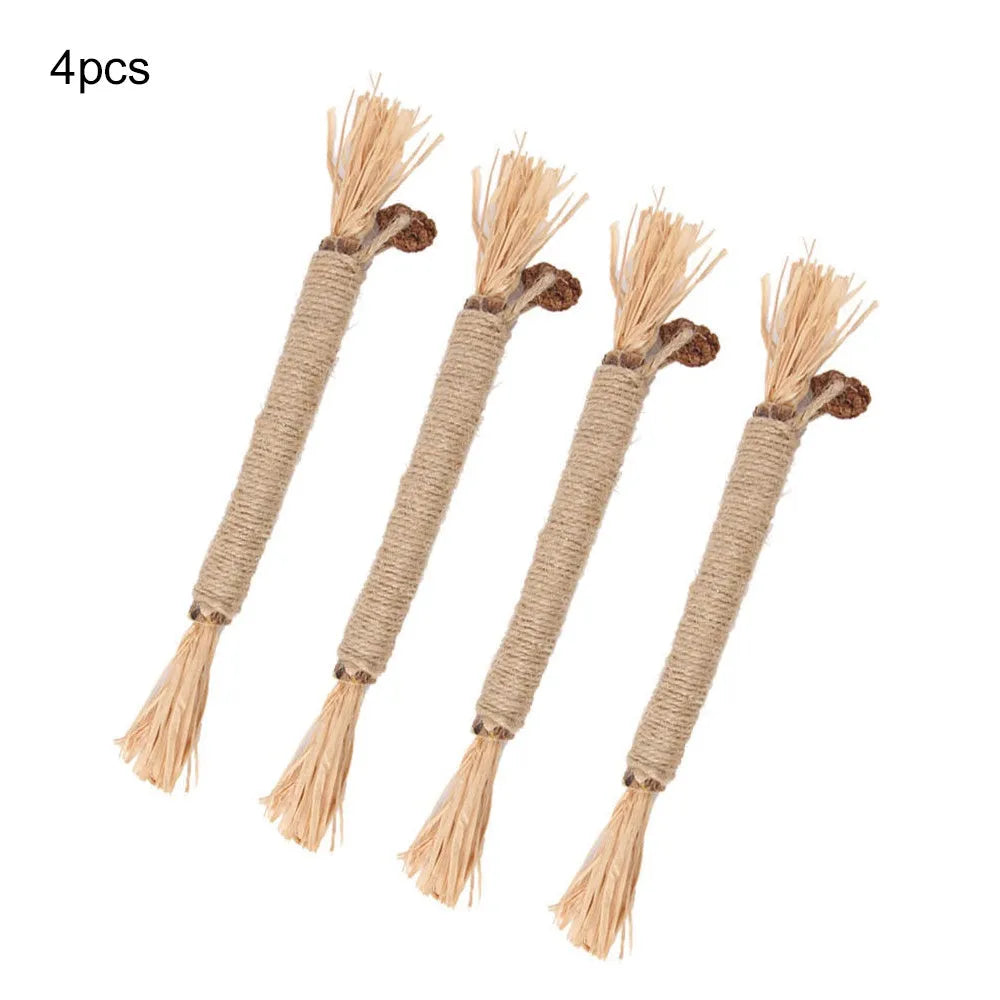 A 3 pack of natural silvervine chew sticks for cats on a wooden surface, showing thick and fine diameter options.