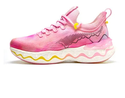 Women's cushioned running shoes with thick rubber soles in a no-lace design on a neutral background.