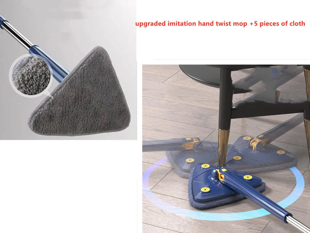 Blue triangle cleaning mop with extendable pole and rotating head for corner cleaning