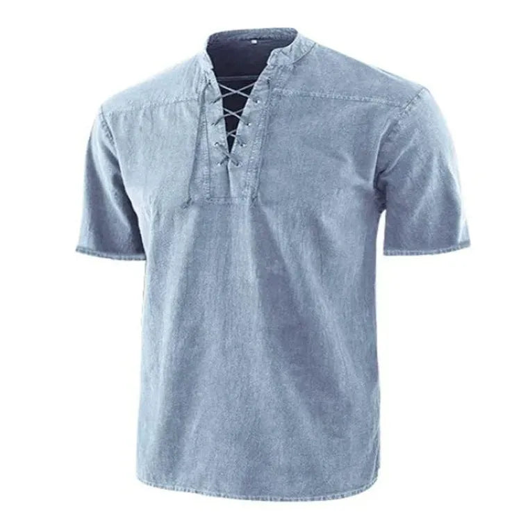 Men's retro short-sleeve shirt with tie collar lace-up detail in solid colour, loose fit, available in multiple colours and sizes.