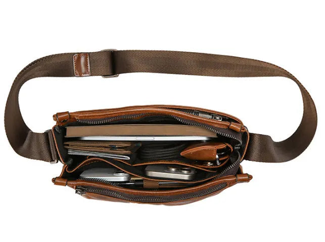 Men's brown genuine leather crossbody bag large capacity single shoulder commuting travel