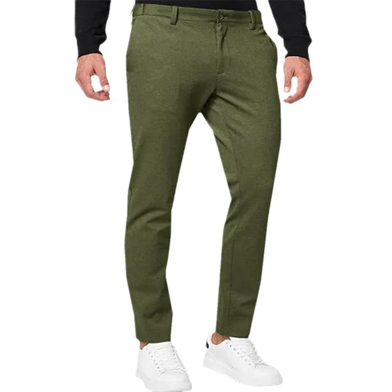 Men's slim-fit tapered chino trousers in cotton blend fabric showing Army Green colour option