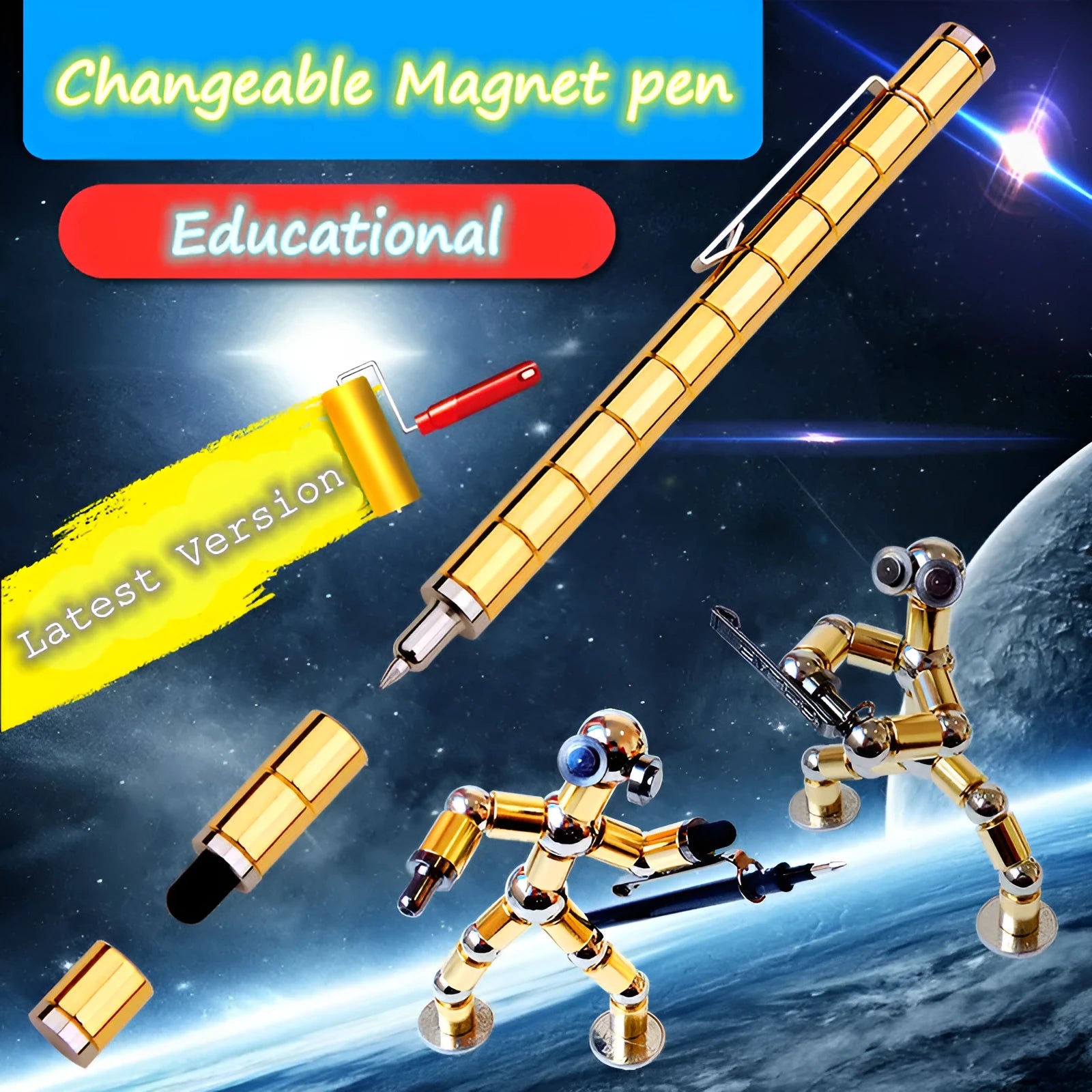 Magnetic modular pen with 13 rings, 12 steel balls, 3 refills, and capacitive head in silver iron box