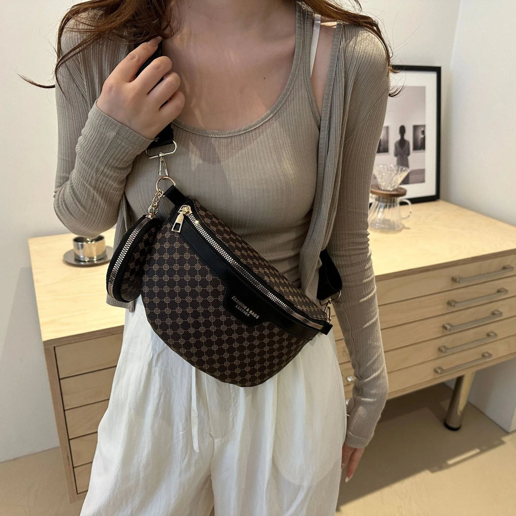 Retro printed portable PU crossbody bag in coffee colour with sewing thread detailing and sandwich pocket
