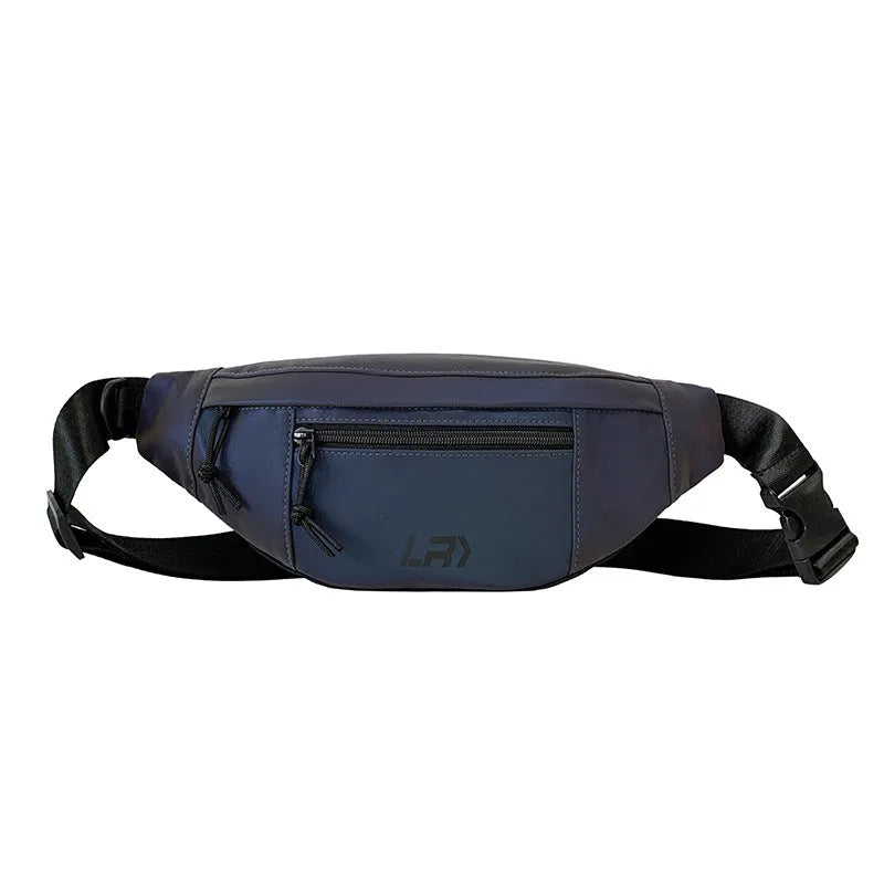 Blue Oxford cloth crossbody cycling bag with reflective trim and open pocket