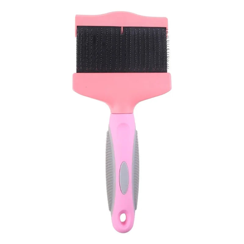 Blue double-sided pet brush with stainless steel pins and ergonomic handle on a white background.