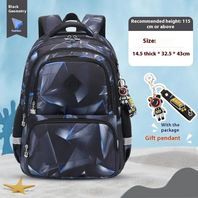 Blue dinosaur print waterproof Oxford cloth children's school backpack with curved shoulder straps.