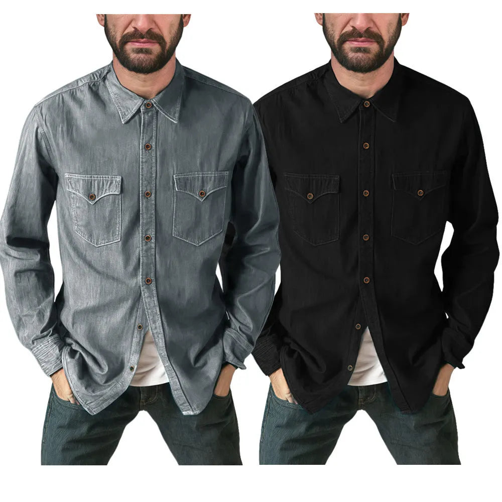 A man or woman wearing a regular-fit denim cardigan coat in khaki, showcasing button-front style.