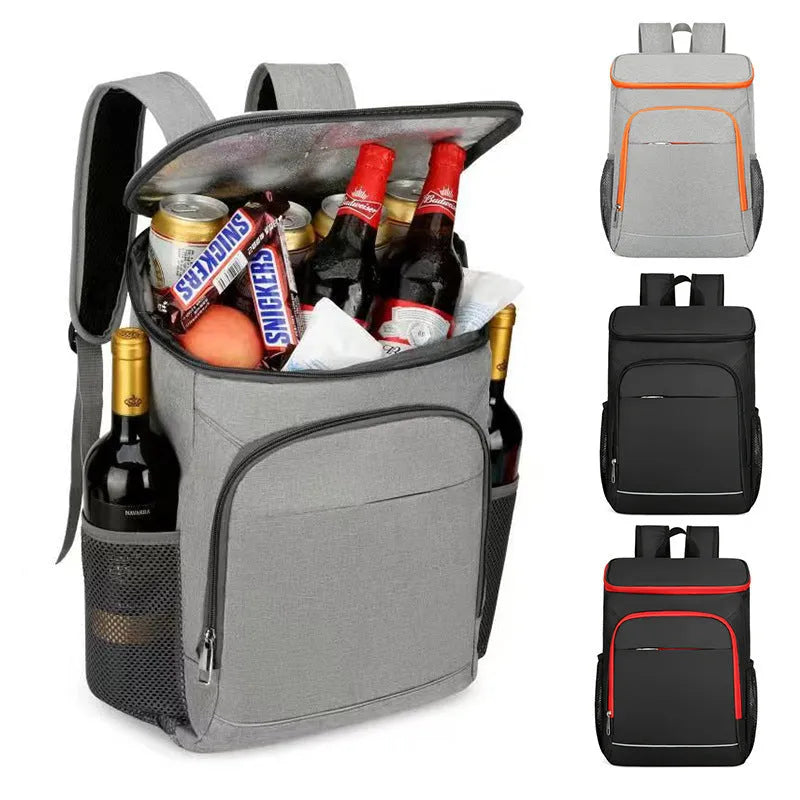 Large outdoor thermal picnic backpack in grey-orange colour with curved shoulder straps and compartments.