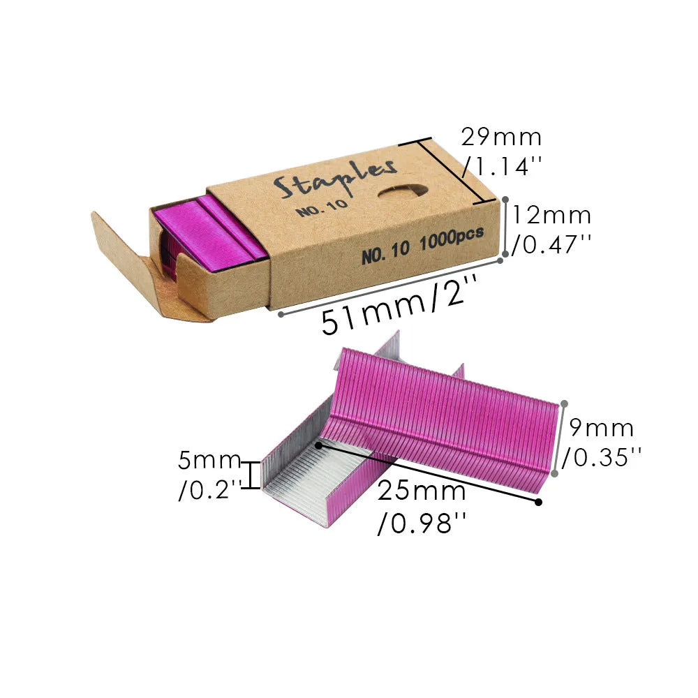 A box of 1000 metal office staples in choices of black, purple, rose gold, or rose red colour.