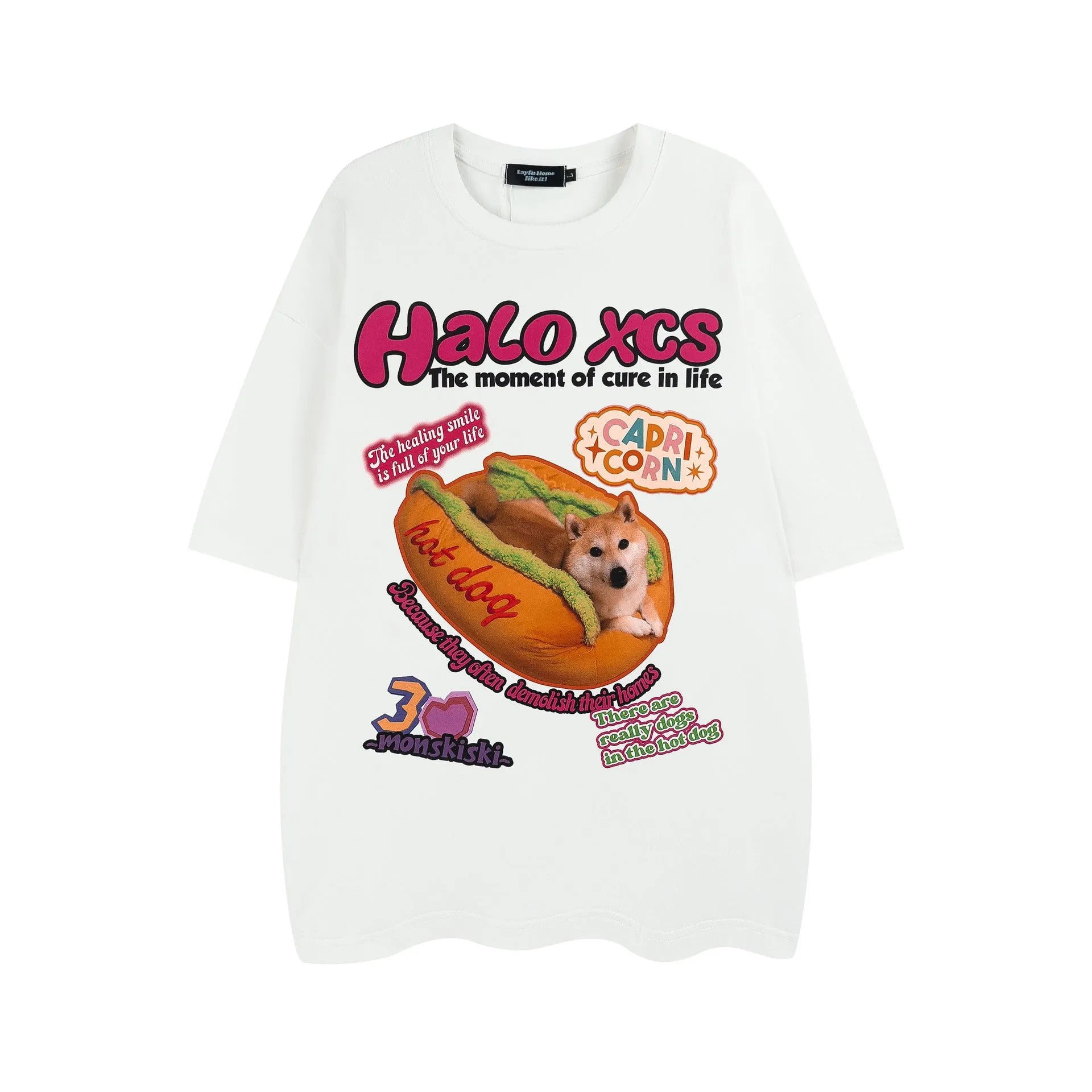 Cartoon hamburger dog printed cotton T-shirt in loose fit available in three colours