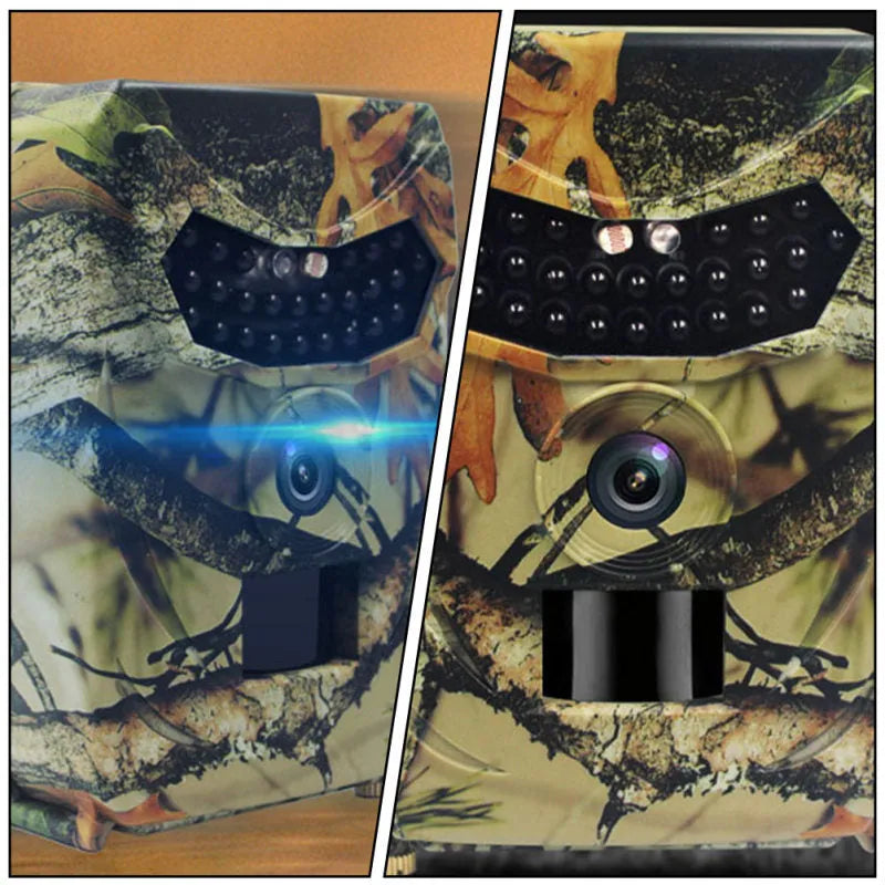Yellow brown hunting game camera with 16MP resolution and infrared night vision for outdoor wildlife monitoring