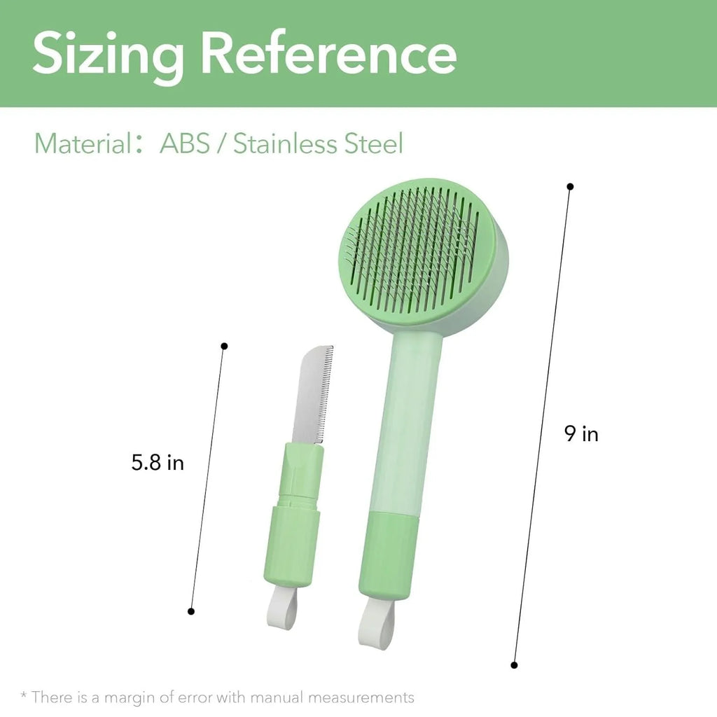 Green and yellow pet grooming brush with stainless steel bristles for cats and dogs