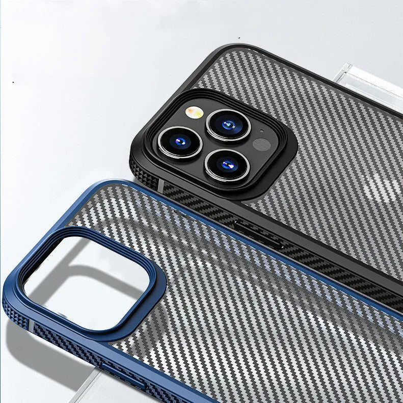 Black and blue anti fall protective mobile phone cases for iPhone 13 series with carbon fibre pattern.