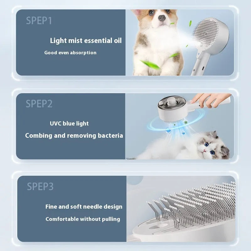 Ceramic White pet grooming brush with UVC light and spray mist function for dogs and cats.