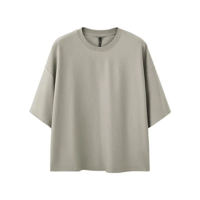 Men's sand grey loose fit short sleeve T-shirt showing cotton-polyester quick-dry fabric
