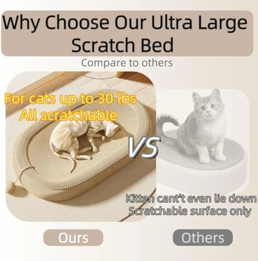 Large natural sisal cat scratching board with integrated lounging platform.