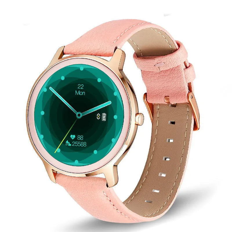 Women's smart watch with touchscreen display showing fitness metrics on silver mesh wristband