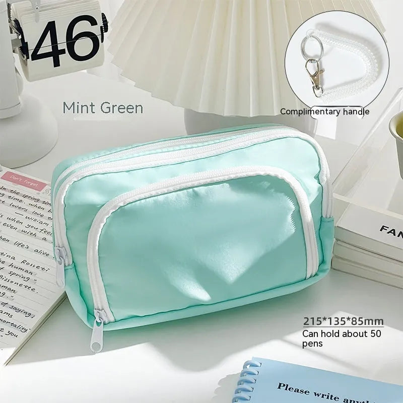 Double layer pencil case with transparent pouch and gift handle in solid colour options