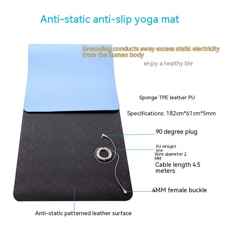 Blue conductive yoga mat with floral pattern, grounding wire, and non-slip PU leather surface