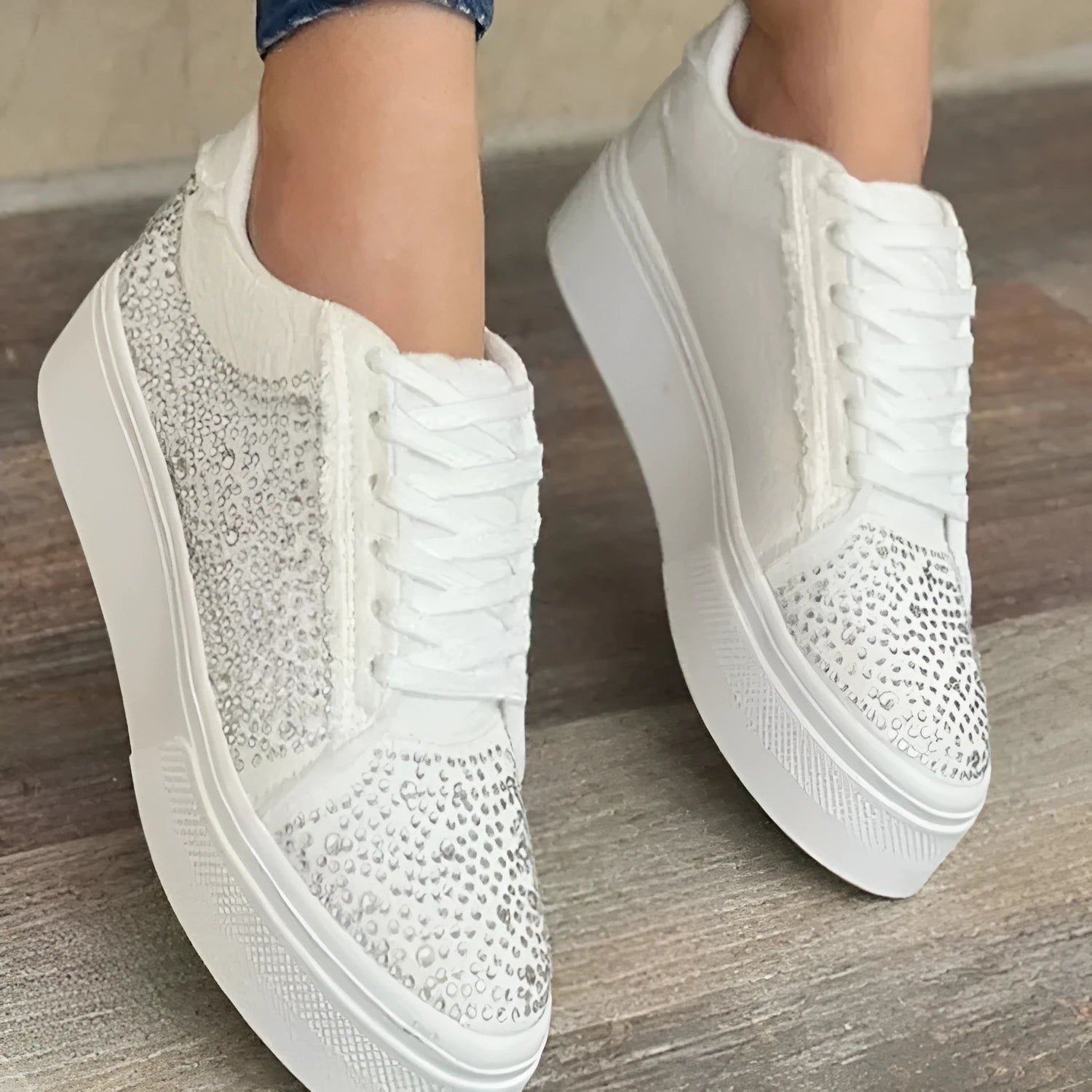 Plus size women's black lace-up casual shoes with rhinestone decoration and a thick rubber sole.