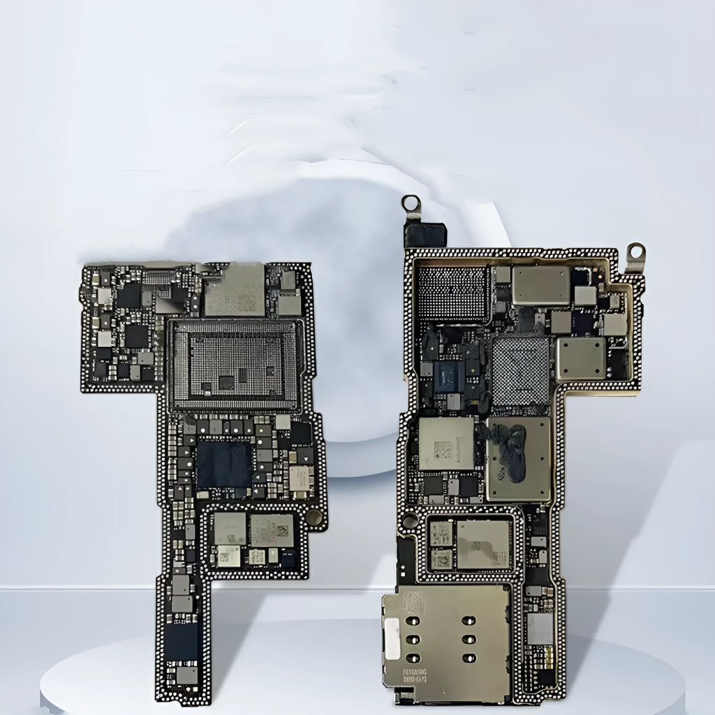 Silver iPhone 13 Pro Mini motherboard for board-level repair and ID grinding procedures