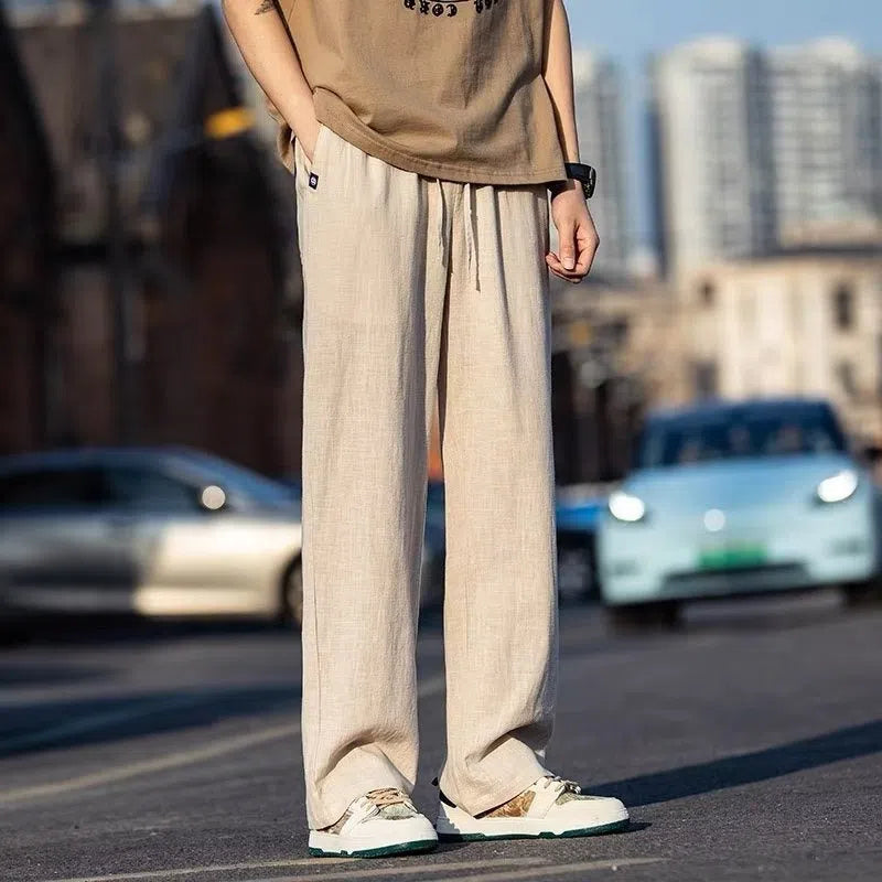 Men's Japanese-style retro baggy straight drawstring trousers in khaki, cotton blend, mid waist, ankle length